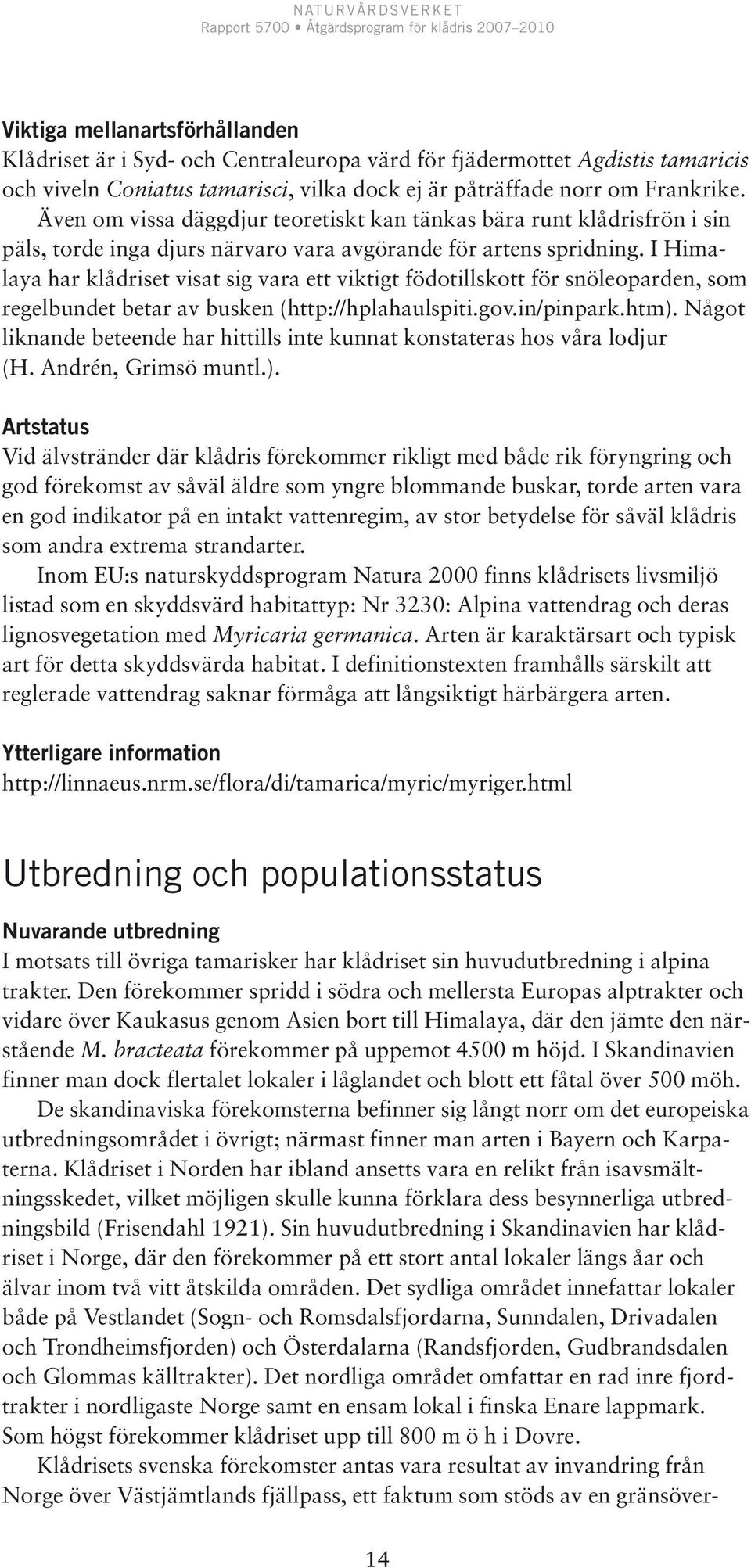 I Himalaya har klådriset visat sig vara ett viktigt födotillskott för snöleoparden, som regelbundet betar av busken (http://hplahaulspiti.gov.in/pinpark.htm).