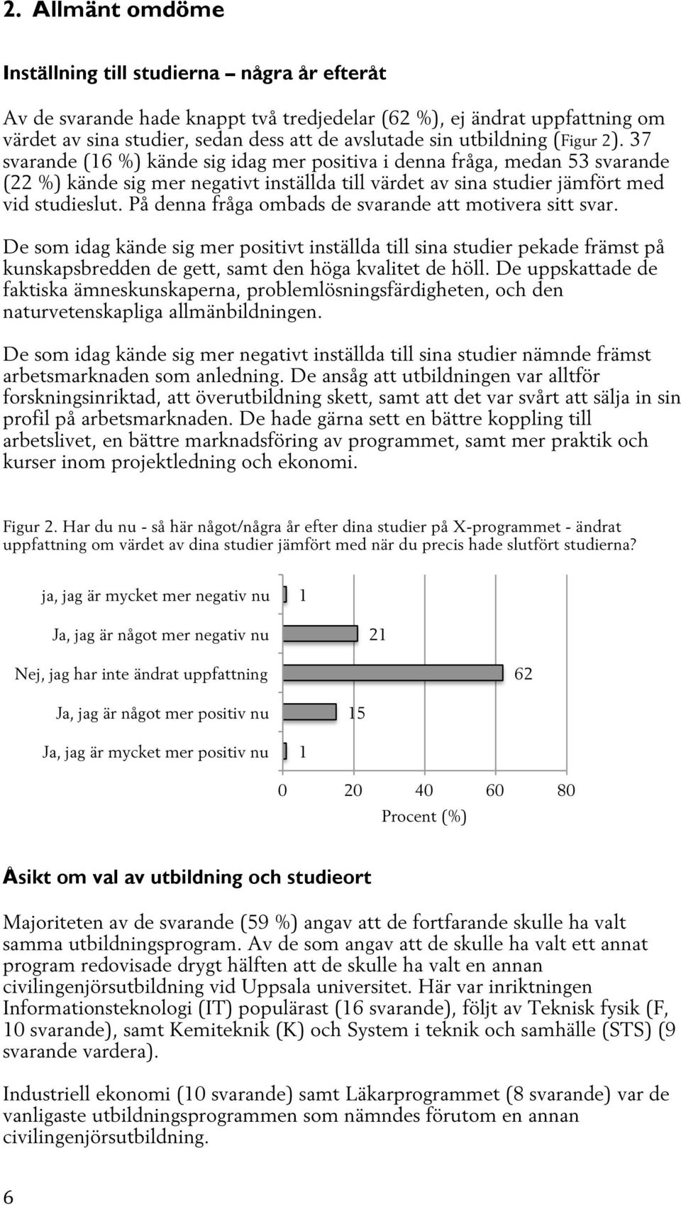 På denna fråga ombads de svarande att motivera sitt svar. De som idag kände sig mer positivt inställda till sina studier pekade främst på kunskapsbredden de gett, samt den höga kvalitet de höll.