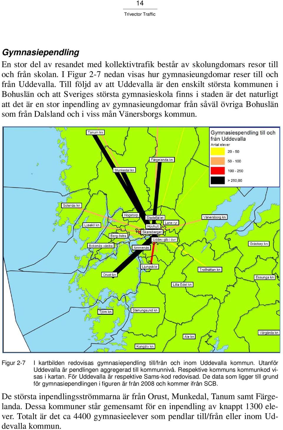 såväl övriga Bohuslän som från Dalsland och i viss mån Vänersborgs kommun. Figur 2-7 I kartbilden redovisas gymnasiependling till/från och inom Uddevalla kommun.
