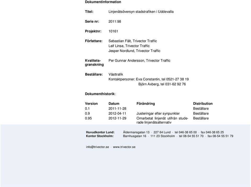 1 2011-11-28 Beställare 0.9 2012-04-11 Justeringar efter synpunkter Beställare 0.