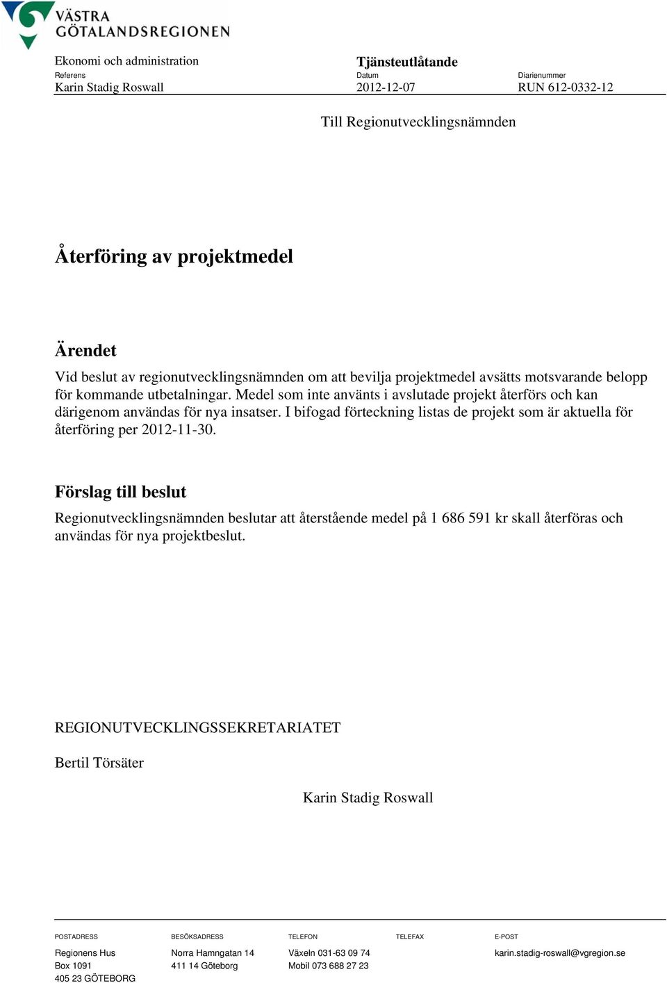 Medel som inte använts i avslutade projekt återförs och kan därigenom användas för nya insatser. I bifogad förteckning listas de projekt som är aktuella för återföring per 2012-11-30.