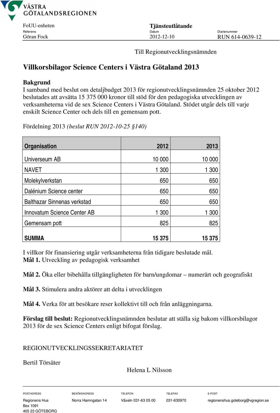 Centers i Västra Götaland. Stödet utgår dels till varje enskilt Science Center och dels till en gemensam pott.