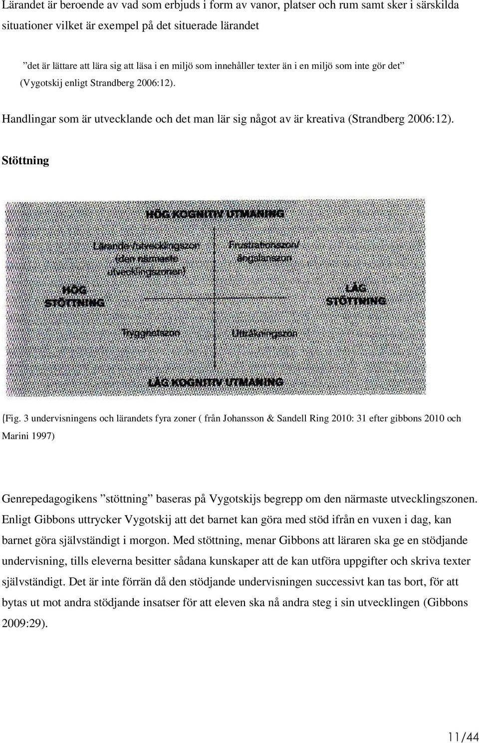 3 undervisningens och lärandets fyra zoner ( från Johansson & Sandell Ring 2010: 31 efter gibbons 2010 och Marini 1997) Genrepedagogikens stöttning baseras på Vygotskijs begrepp om den närmaste