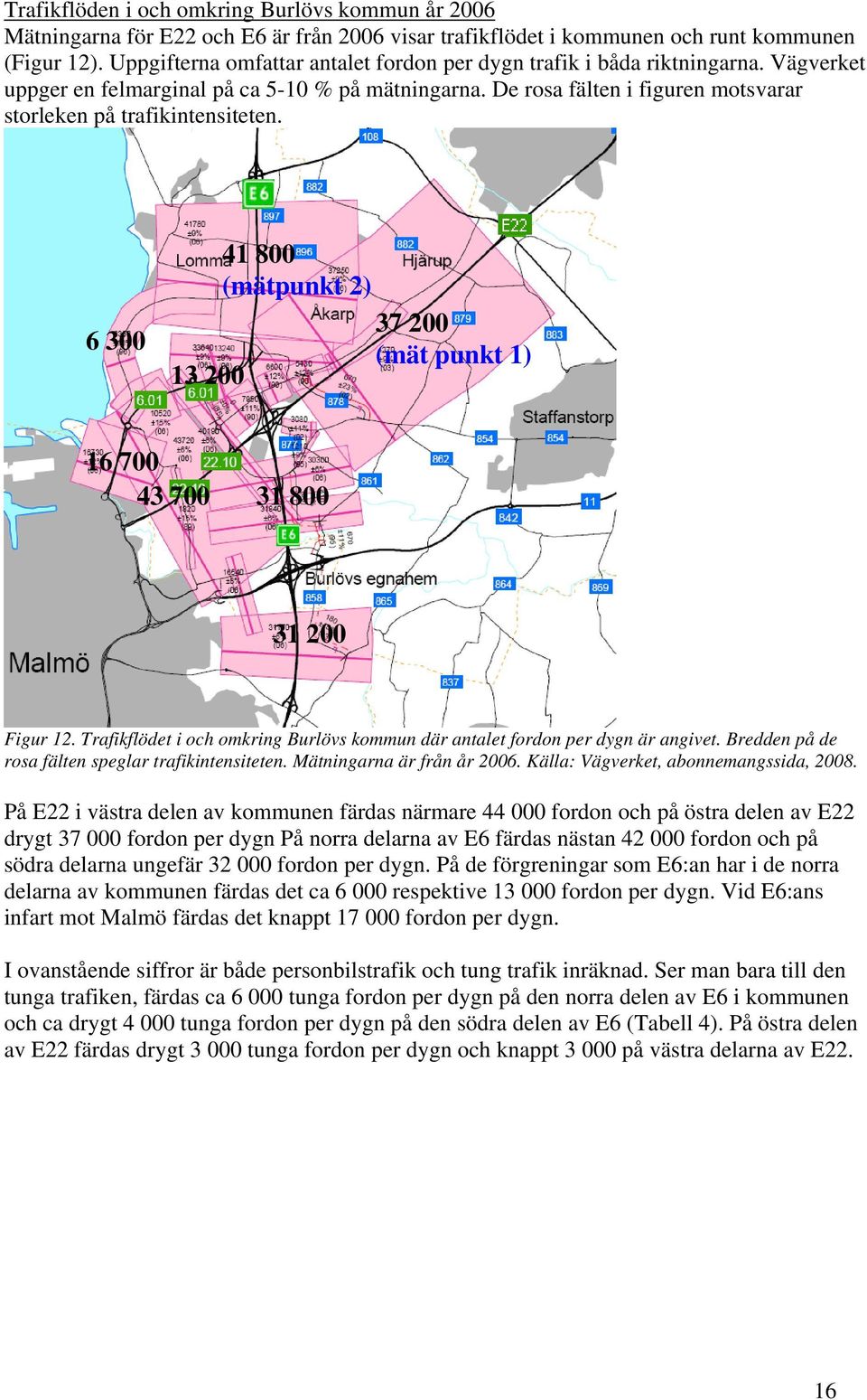 De rosa fälten i figuren motsvarar storleken på trafikintensiteten. 6 300 41 800 (mätpunkt 2) 37 200 (mät punkt 1) 13 200 16 700 43 700 31 800 31 200 Figur 12.