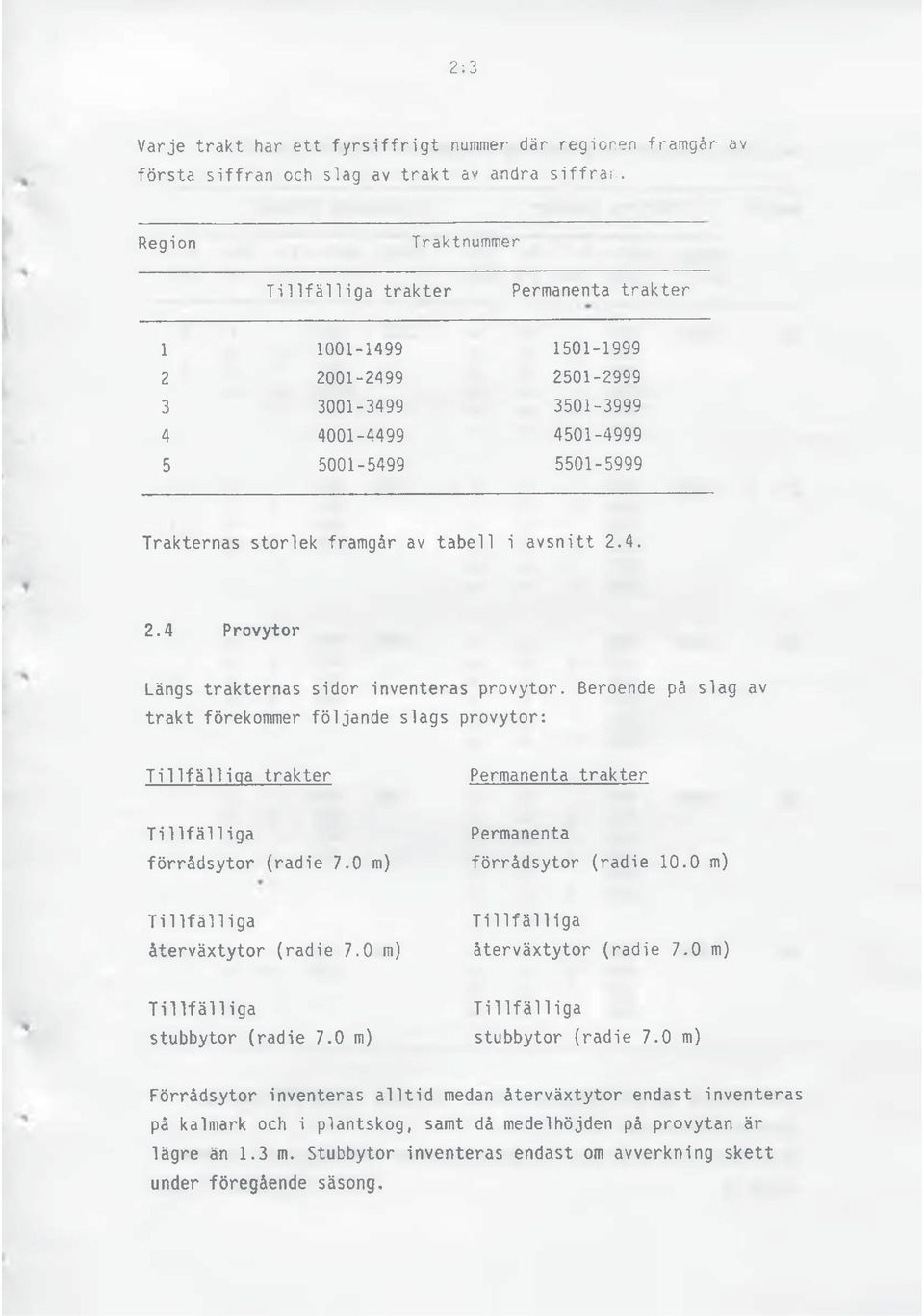 tabell i avsnitt 2.4. 2.4 Provytor Längs trakternas sidor inventeras provytor.