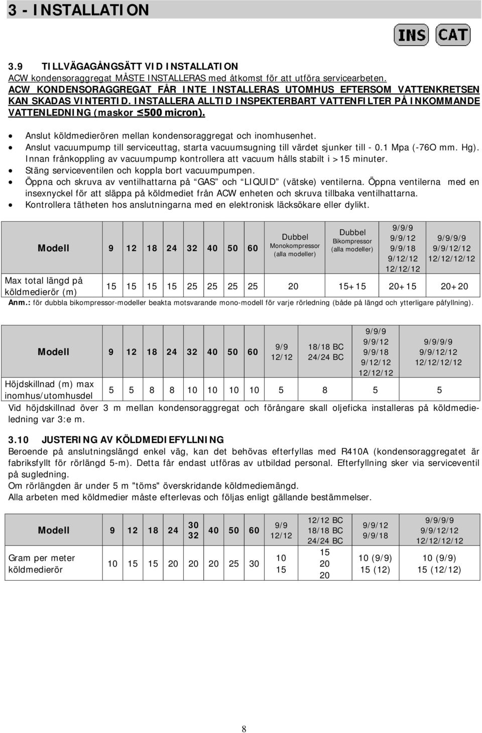 Anslut köldmedierören mellan kondensoraggregat och inomhusenhet. Anslut vacuumpump till serviceuttag, starta vacuumsugning till värdet sjunker till - 0.1 Mpa (-76O mm. Hg).