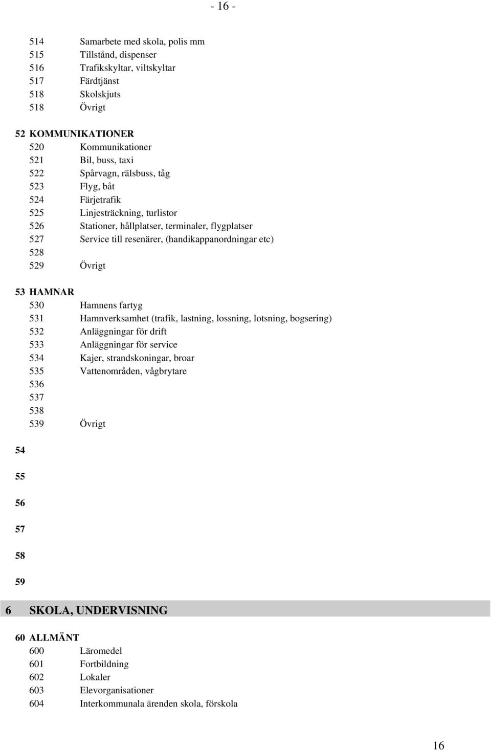 Övrigt 53 HAMNAR 530 Hamnens fartyg 531 Hamnverksamhet (trafik, lastning, lossning, lotsning, bogsering) 532 Anläggningar för drift 533 Anläggningar för service 534 Kajer, strandskoningar, broar 535