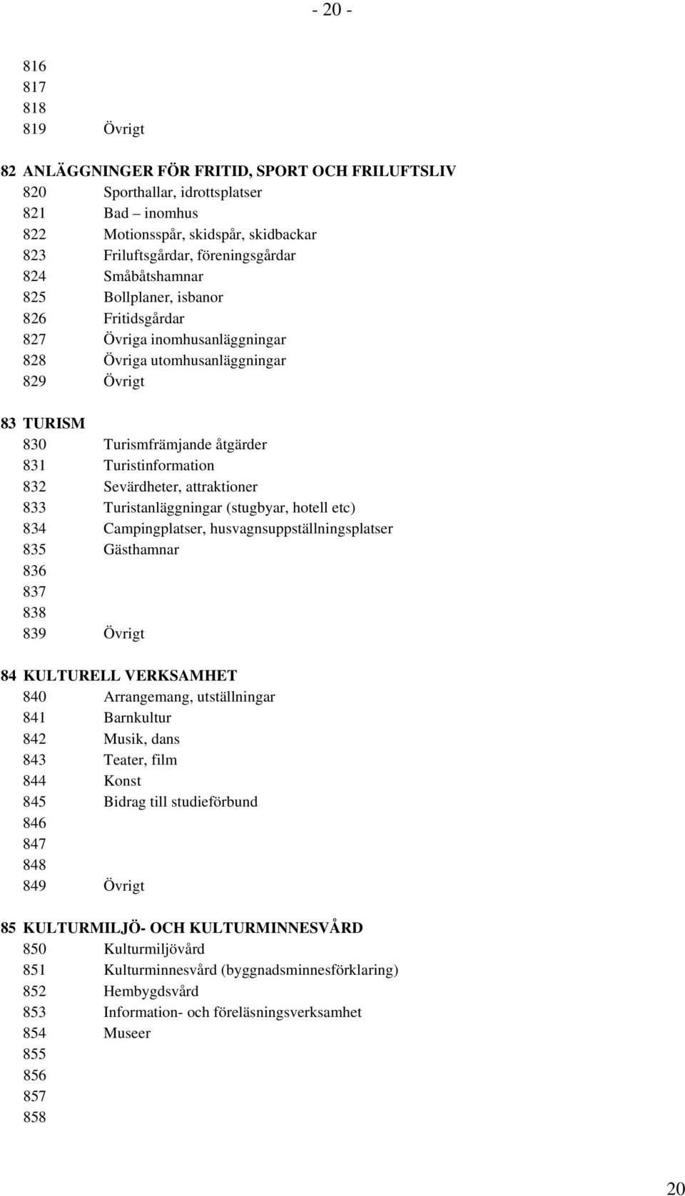 Sevärdheter, attraktioner 833 Turistanläggningar (stugbyar, hotell etc) 834 Campingplatser, husvagnsuppställningsplatser 835 Gästhamnar 836 837 838 839 Övrigt 84 KULTURELL VERKSAMHET 840 Arrangemang,