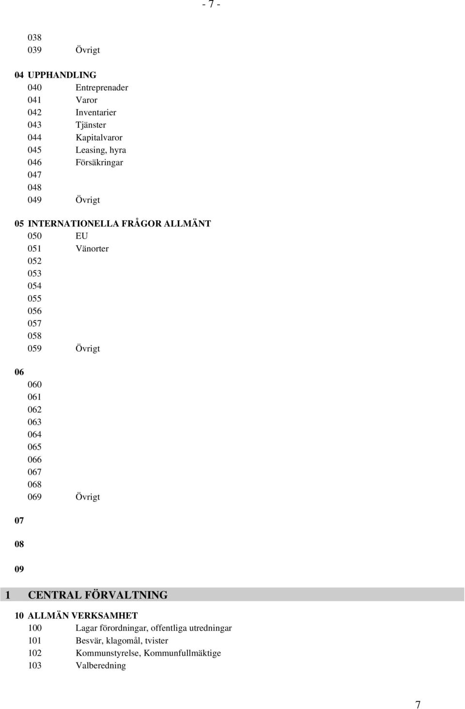 059 Övrigt 06 07 08 09 060 061 062 063 064 065 066 067 068 069 Övrigt 1 CENTRAL FÖRVALTNING 10 ALLMÄN VERKSAMHET 100 Lagar