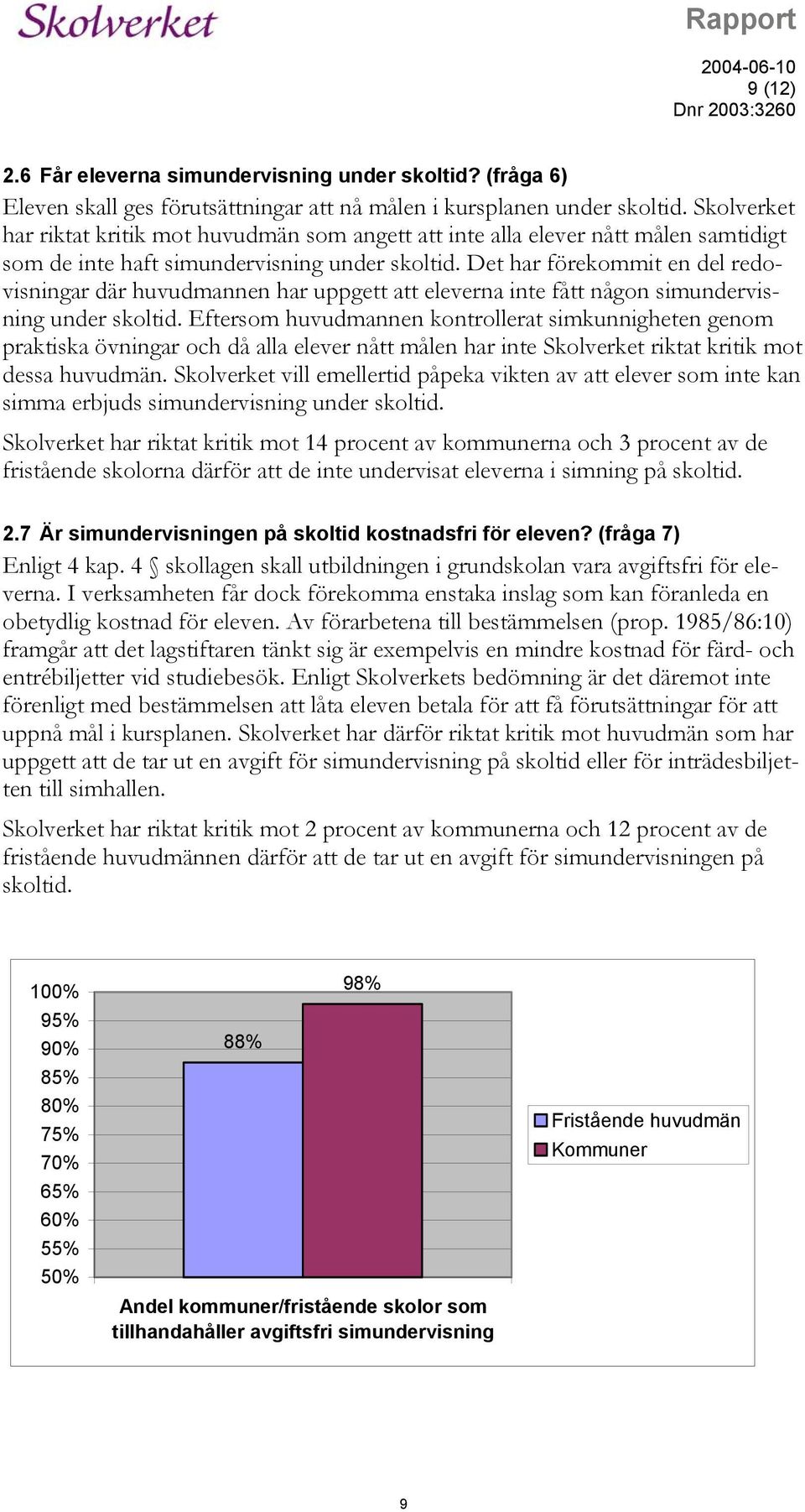 Det har förekommit en del redovisningar där huvudmannen har uppgett att eleverna inte fått någon simundervisning under skoltid.