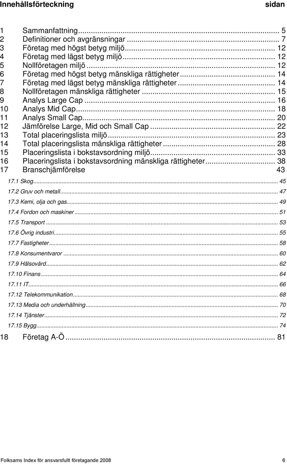 .. 18 11 Analys Small Cap... 20 12 Jämförelse Large, Mid och Small Cap... 22 13 Total placeringslista miljö... 23 14 Total placeringslista mänskliga rättigheter.