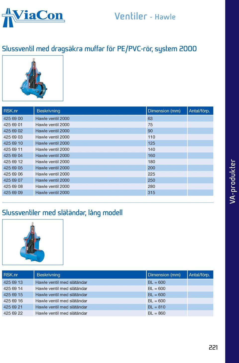 ventil 2000 250 425 69 08 Hawle ventil 2000 280 425 69 09 Hawle ventil 2000 315 VA-produkter Slussventiler med slätändar, lång modell 425 69 13 Hawle ventil med slätändar BL = 600 425 69 14 Hawle