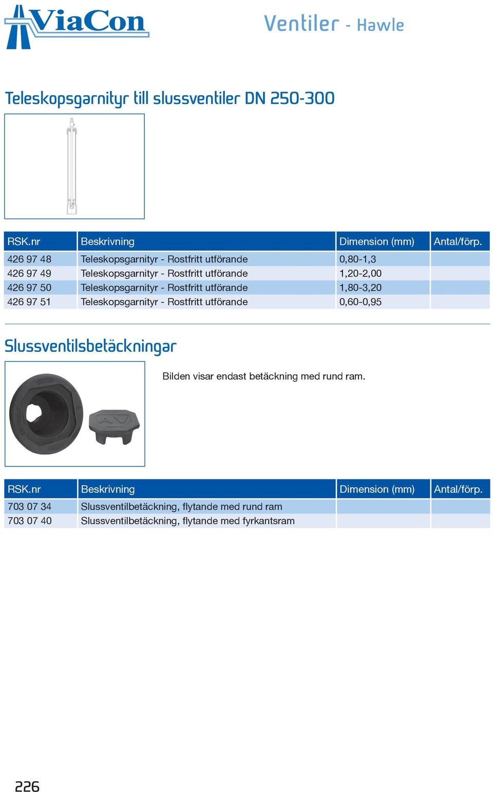 51 Teleskopsgarnityr - Rostfritt utförande 0,60-0,95 Slussventilsbetäckningar Bilden visar endast betäckning med rund