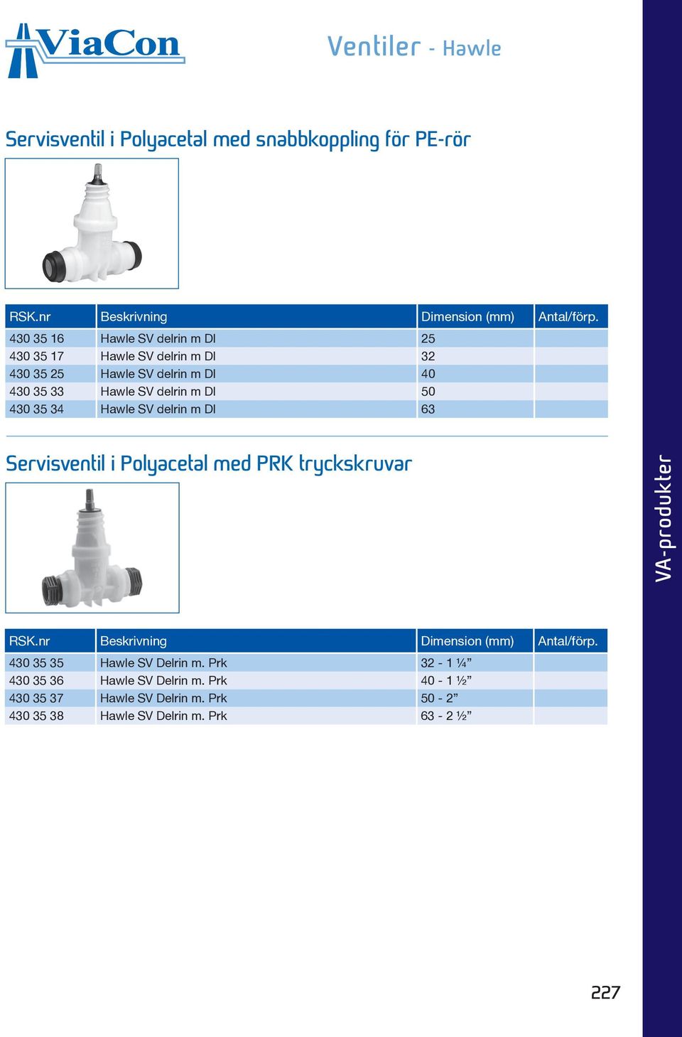 DI 63 Servisventil i Polyacetal med PRK tryckskruvar VA-produkter 430 35 35 Hawle SV Delrin m.