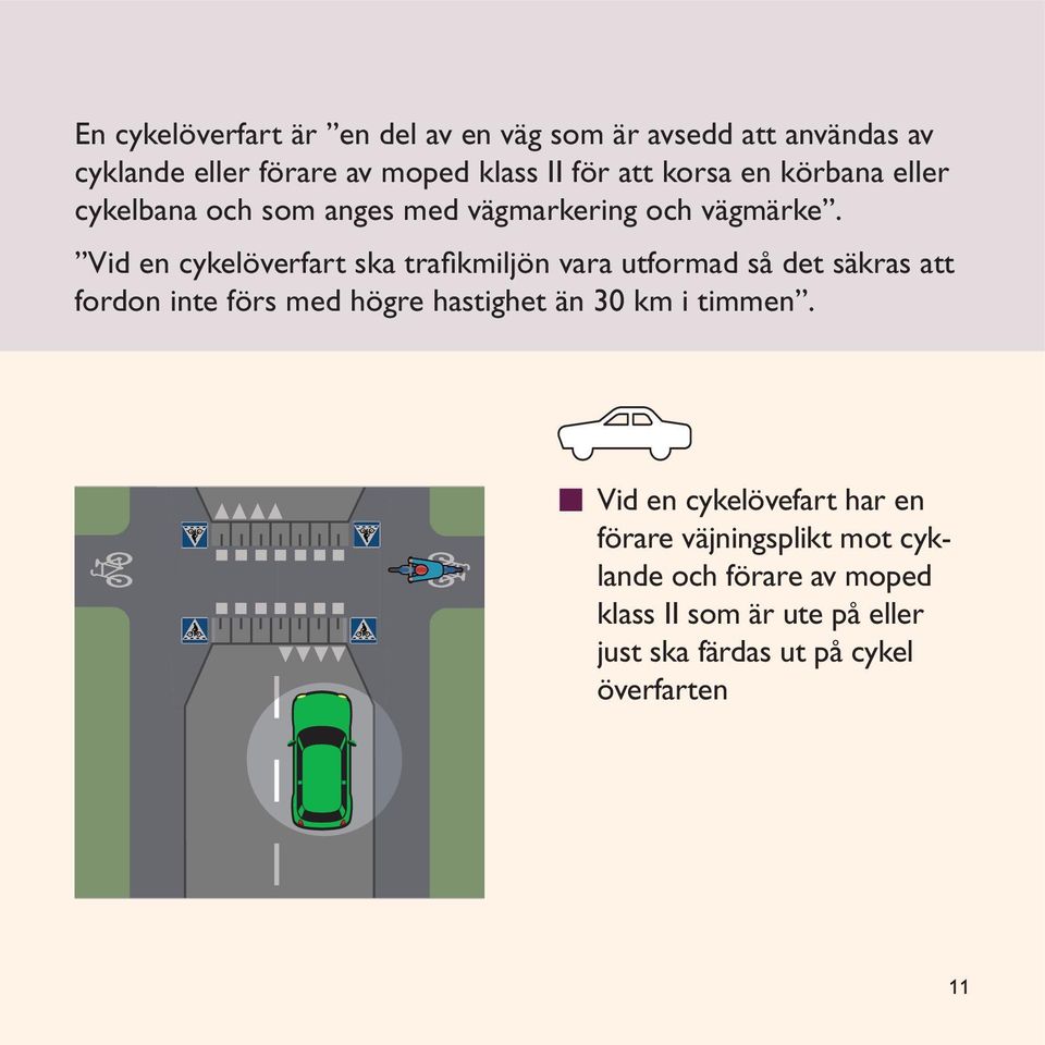 Vid en cykelöverfart ska trafikmiljön vara utformad så det säkras att fordon inte förs med högre hastighet än 30 km i