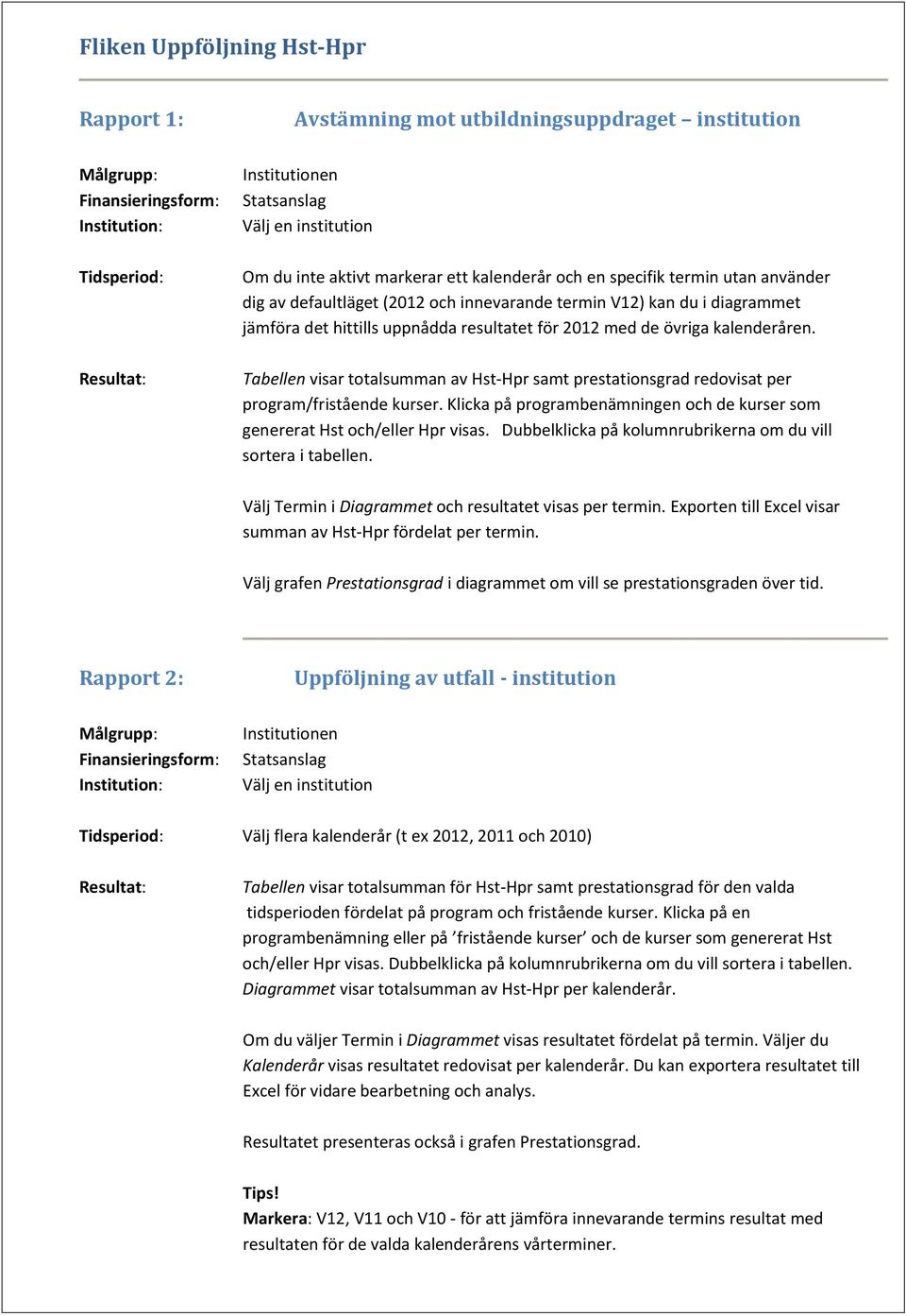 Tabellen visar totalsumman av Hst-Hpr samt prestationsgrad redovisat per program/fristående kurser. Klicka på programbenämningen och de kurser som genererat Hst och/eller Hpr visas.