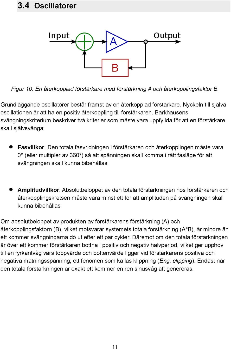 Barkhausens svängningskriterium beskriver två kriterier som måste vara uppfyllda för att en förstärkare skall självsvänga: Fasvillkor: Den totala fasvridningen i förstärkaren och återkopplingen måste