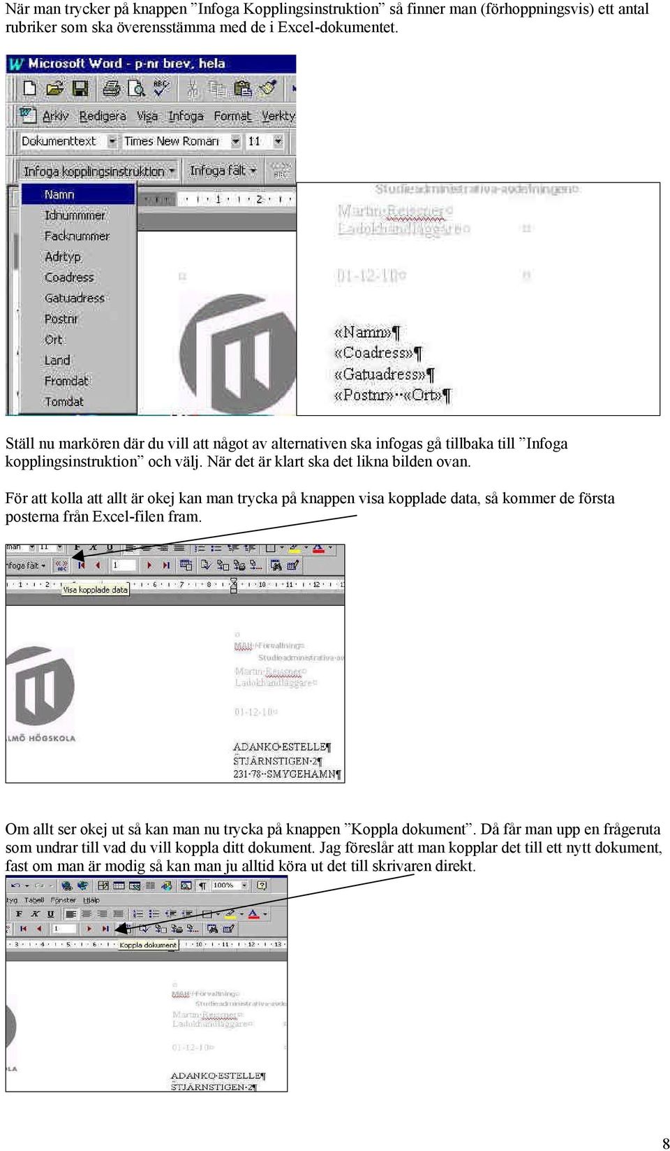 För att kolla att allt är okej kan man trycka på knappen visa kopplade data, så kommer de första posterna från Excel-filen fram.