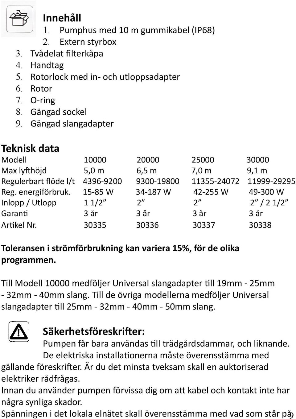 15-85 W 34-187 W 42-255 W 49-300 W Inlopp / Utlopp 1 1/2 2 2 2 / 2 1/2 Garanti 3 år 3 år 3 år 3 år Artikel Nr.