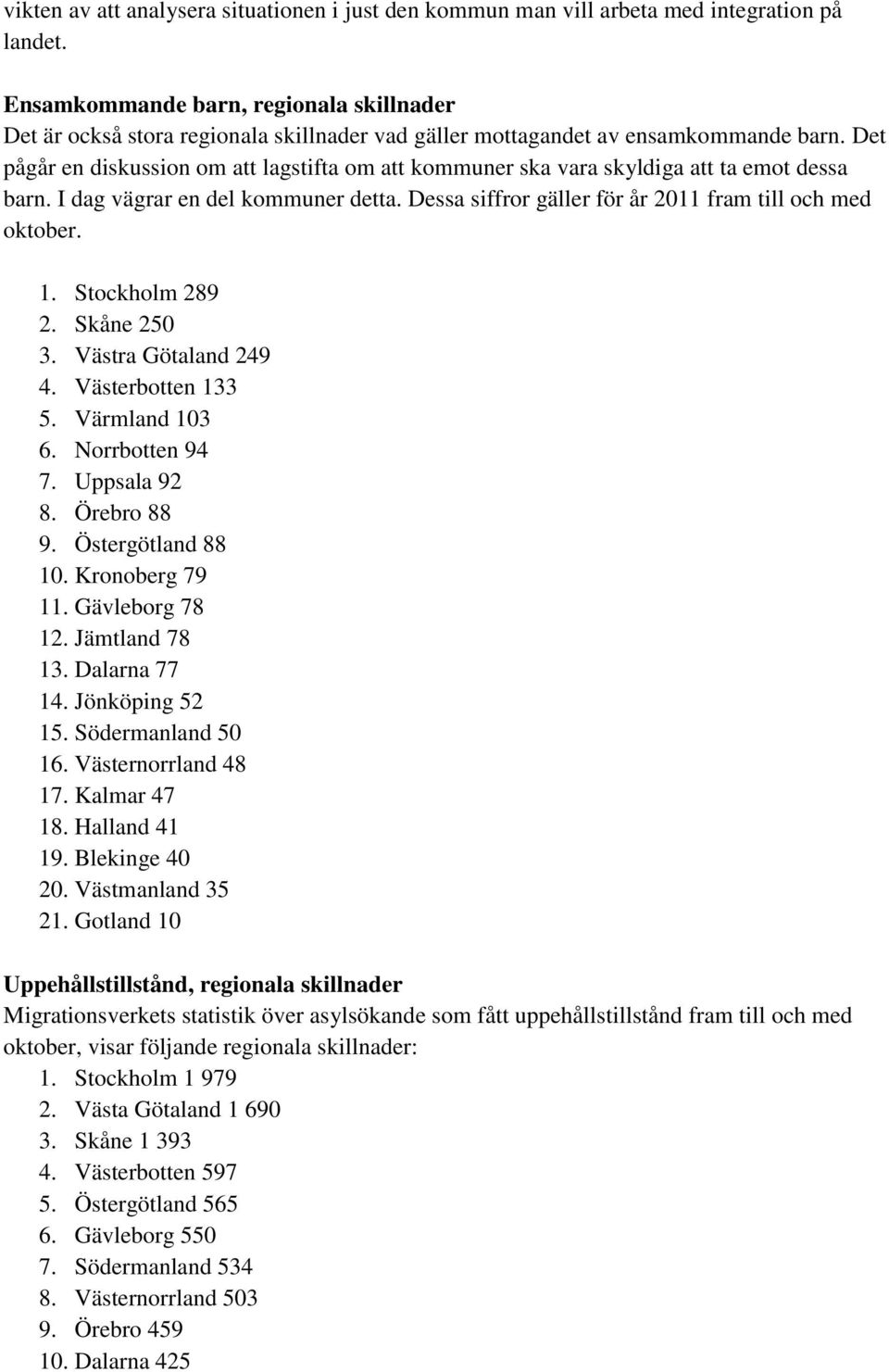 Det pågår en diskussion om att lagstifta om att kommuner ska vara skyldiga att ta emot dessa barn. I dag vägrar en del kommuner detta. Dessa siffror gäller för år 2011 fram till och med oktober. 1.