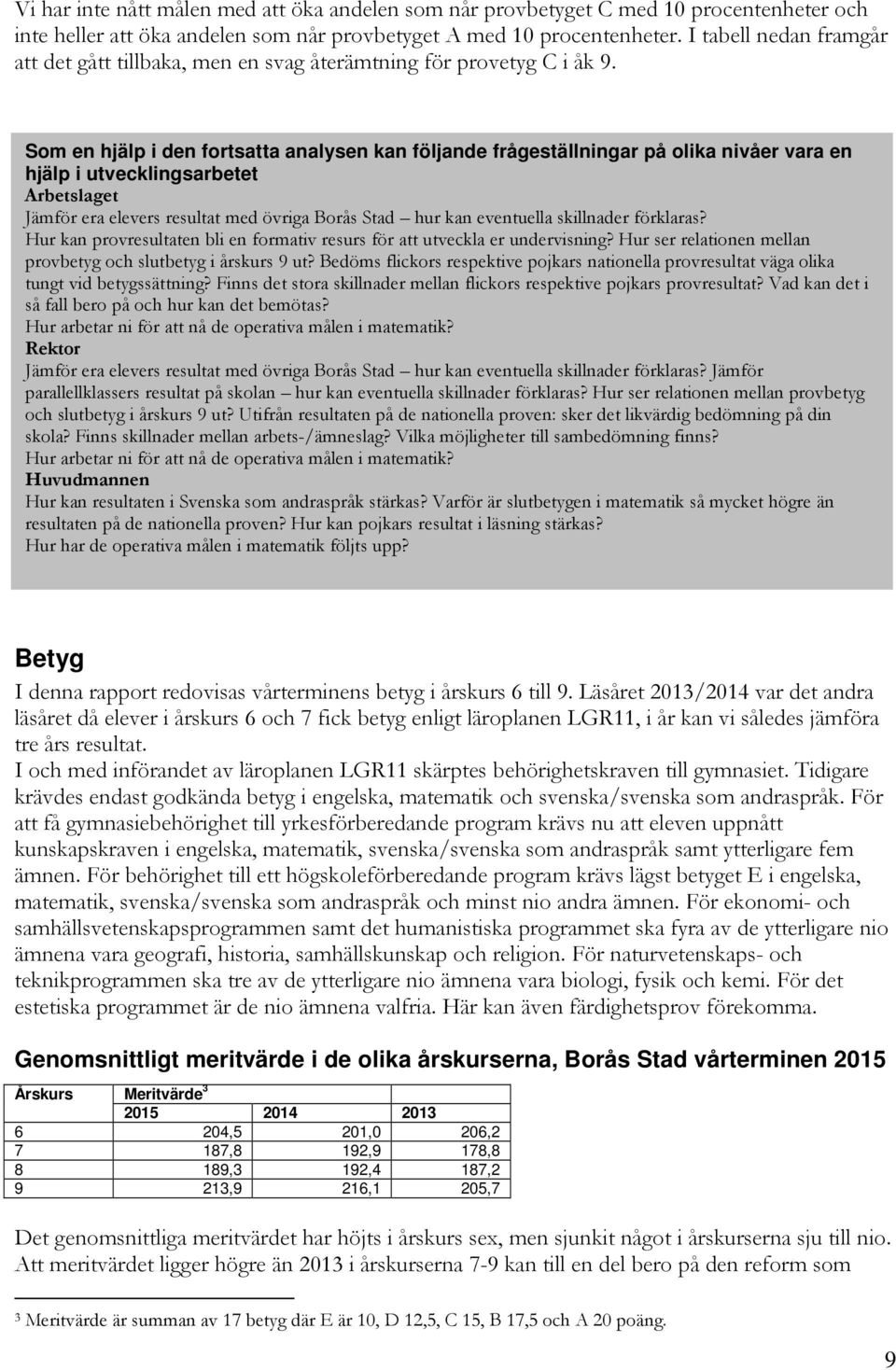 Som en hjälp i den fortsatta analysen kan följande frågeställningar på olika nivåer vara en hjälp i utvecklingsarbetet Arbetslaget Jämför era elevers resultat med övriga Borås Stad hur kan eventuella