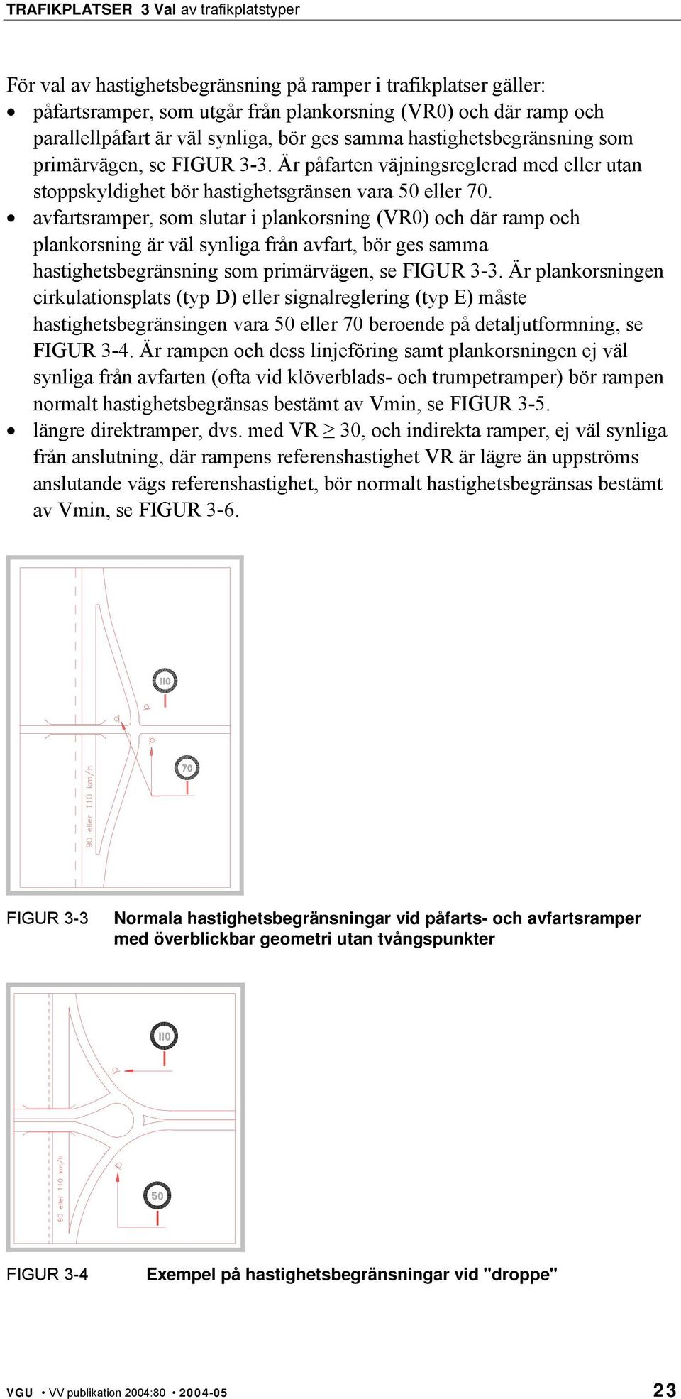 avfartsramper, som slutar i plankorsning (VR0) och där ramp och plankorsning är väl synliga från avfart, bör ges samma hastighetsbegränsning som primärvägen, se FIGUR 3-3.