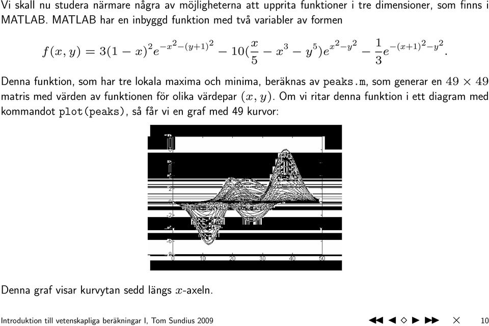 Denna funktion, som har tre lokala maxima och minima, beräknas av peaks.m, som generar en 49 49 matris med värden av funktionen för olika värdepar (x, y).