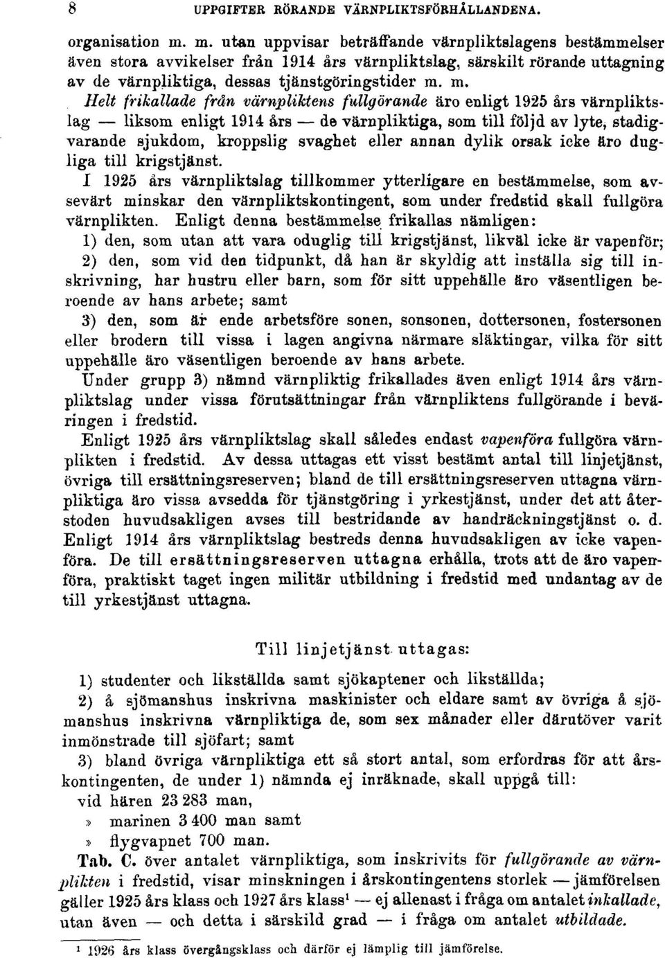 m. Helt frikallade från värnpliktens fullgörande äro enligt 1925 års värnpliktslag liksom enligt 1914 års de värnpliktiga, som till följd av lyte, stadigvarande sjukdom, kroppslig svaghet eller annan