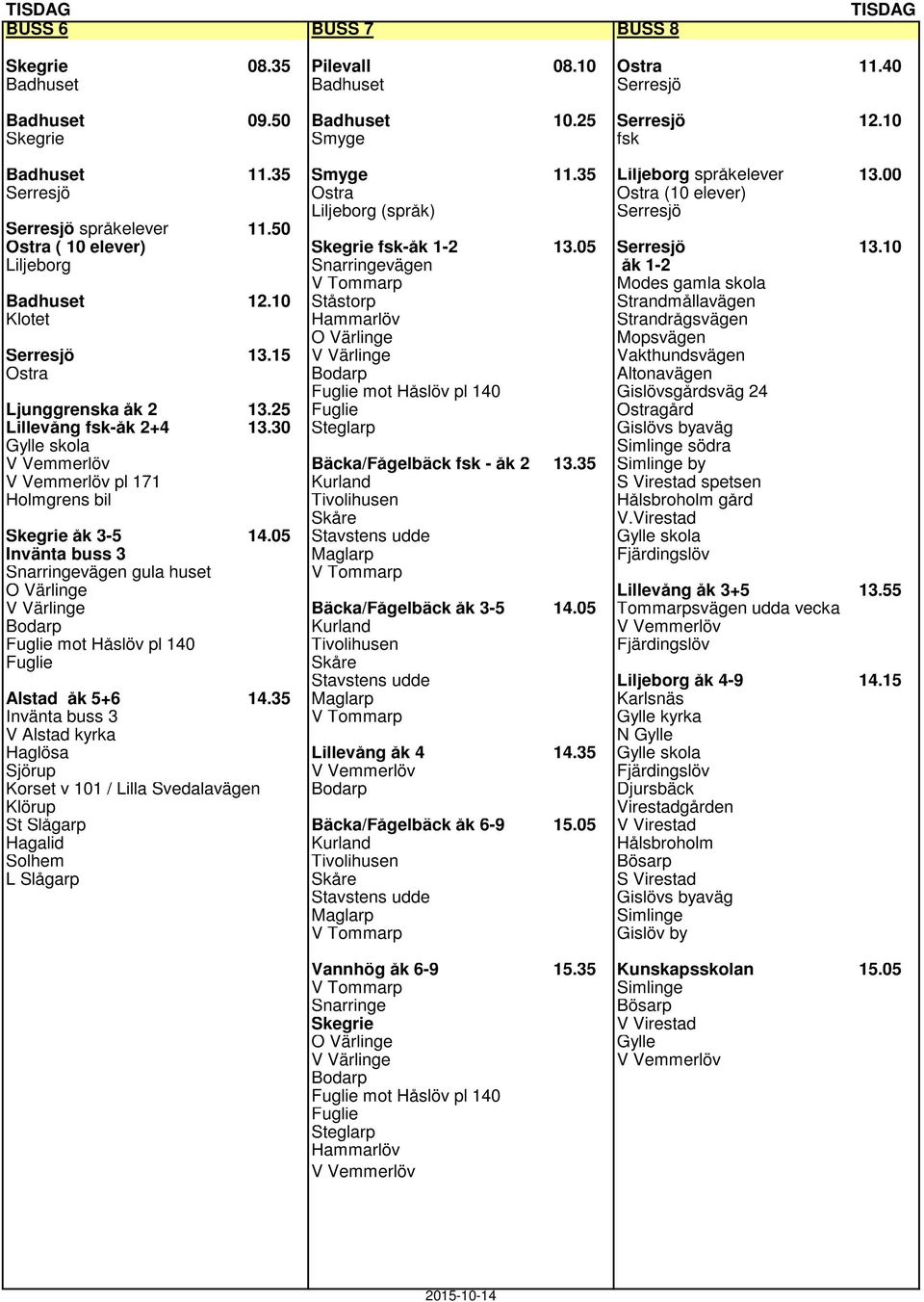 10 Liljeborg Snarringevägen åk 1-2 Modes gamla skola Badhuset 12.10 Ståstorp Strandmållavägen Klotet Strandrågsvägen Mopsvägen Serresjö 13.