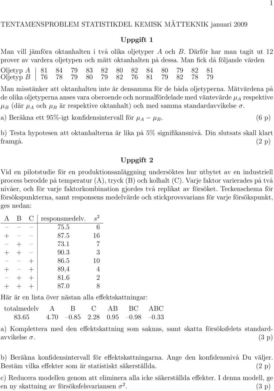 Man fick då följande värden Oljetyp A 81 84 79 83 82 80 82 84 80 79 82 81 Oljetyp B 76 78 79 80 79 82 76 81 79 82 78 79 Man misstänker att oktanhalten inte är densamma för de båda oljetyperna.