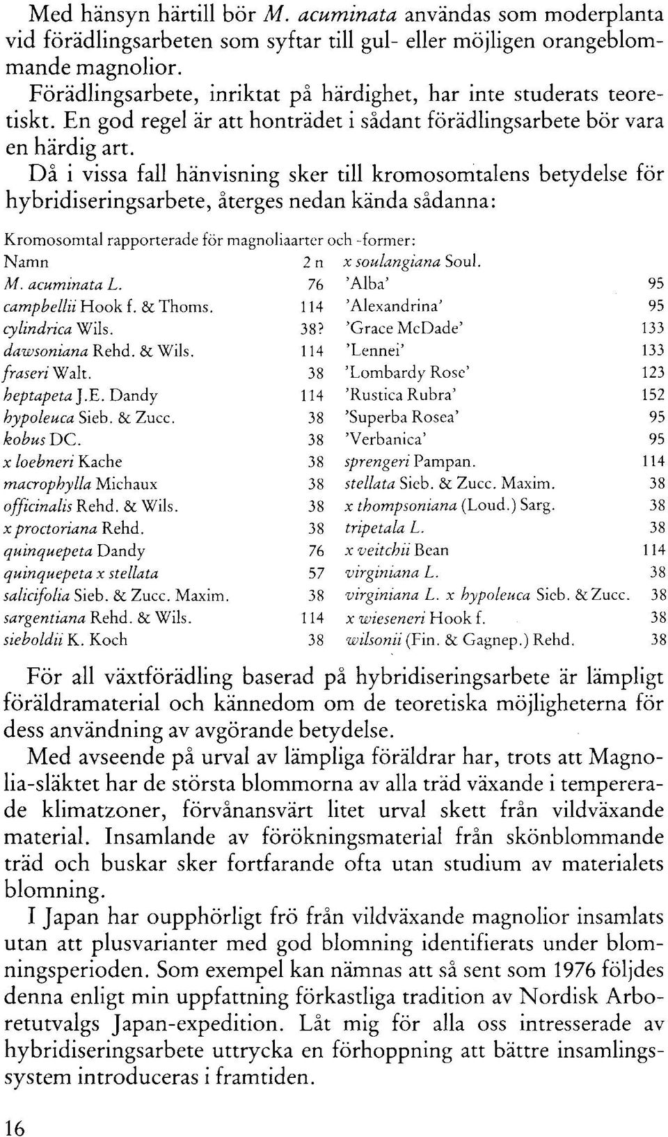 Då i vissa fall hanvisning sker till kromosomtalens betydelse for hybridiseringsarbete, återges nedan kanda sådanna: Kromosomtal rapporterade för magnoliaarter och -former: Namn 2 n x soulangiana