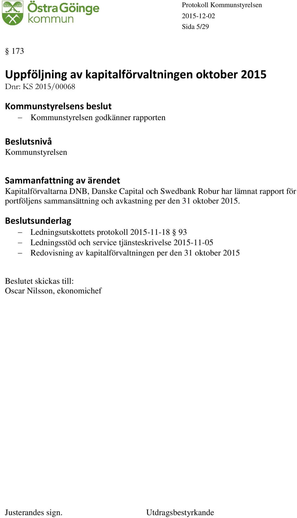 portföljens sammansättning och avkastning per den 31 oktober 2015.