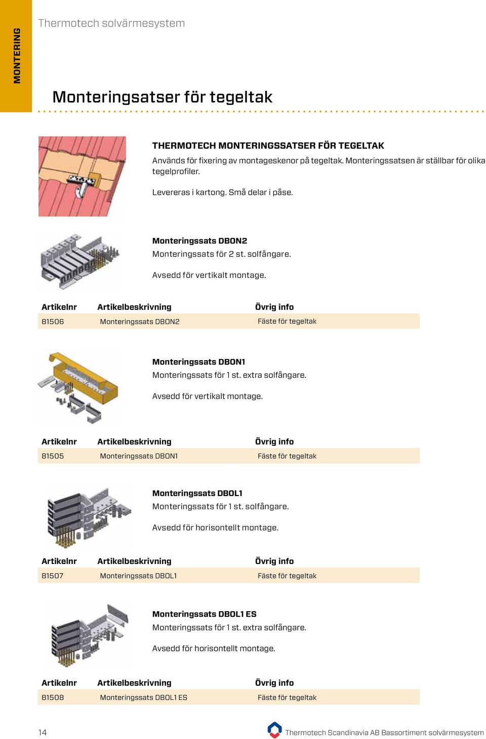 81506 Monteringssats DBON2 Fäste för tegeltak 1 100,00 kr/förp. Monteringssats DBON1 Monteringssats för 1 st. extra solfångare. Avsedd för vertikalt montage.