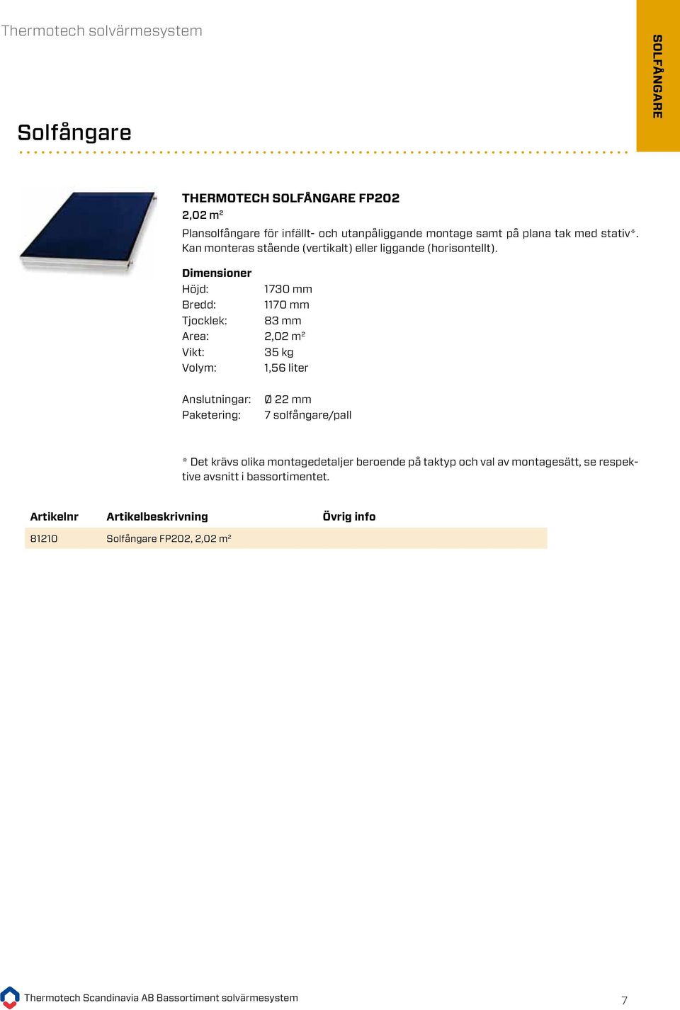 Dimensioner Höjd: 1730 mm Bredd: 1170 mm Tjocklek: 83 mm Area: 2,02 m 2 Vikt: 35 kg Volym: 1,56 liter Anslutningar: Paketering: Ø 22