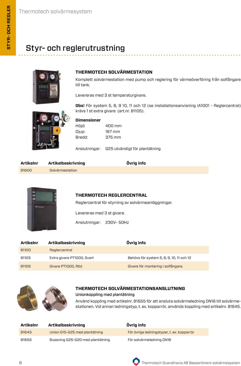 Dimensioner Höjd: Djup: Bredd: 400 mm 187 mm 375 mm Anslutningar: G25 utvändigt för plantätning 81600 Solvärmestation 5 200,00 kr/st Thermotech reglercentral Reglercentral för styrning av