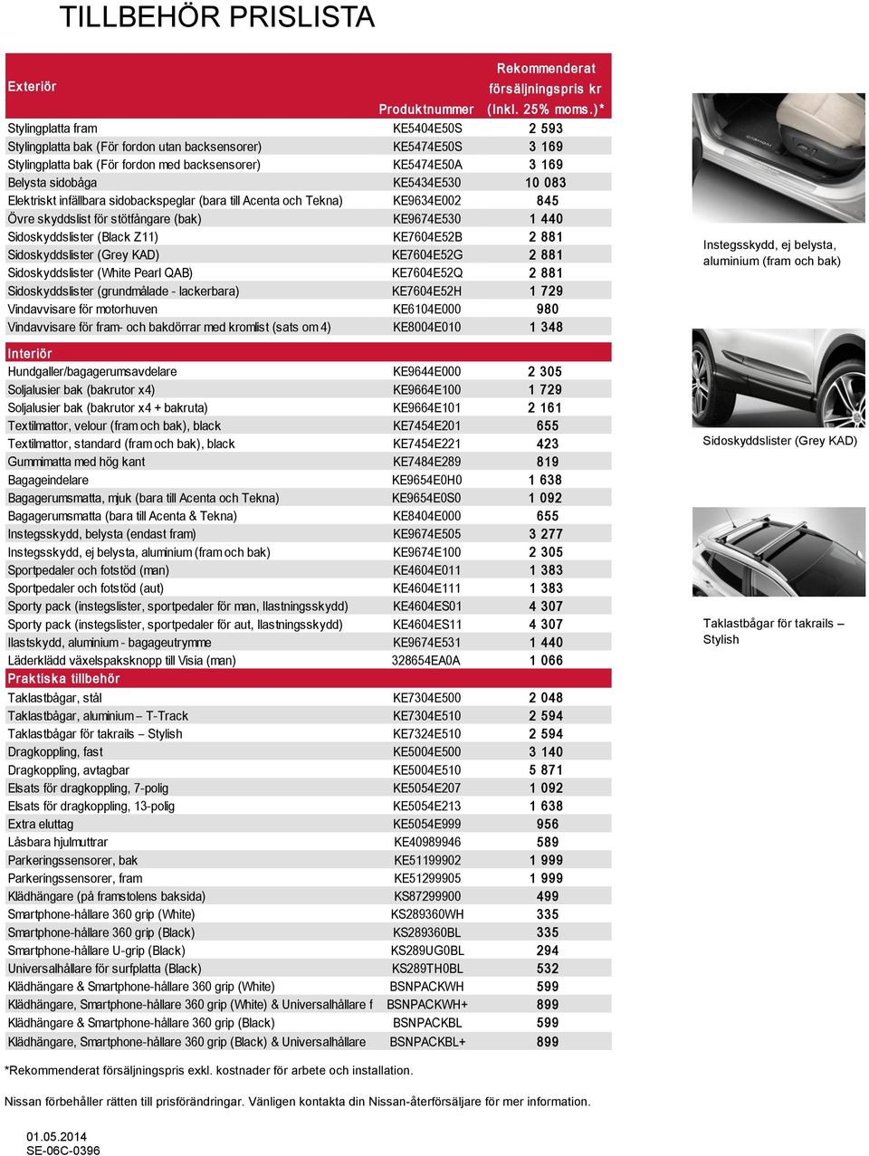 10 083 Elektriskt infällbara sidobackspeglar (bara till Acenta och Tekna) KE9634E002 845 Övre skyddslist för stötfångare (bak) KE9674E530 1 440 Sidoskyddslister (Black Z11) KE7604E52B 2 881