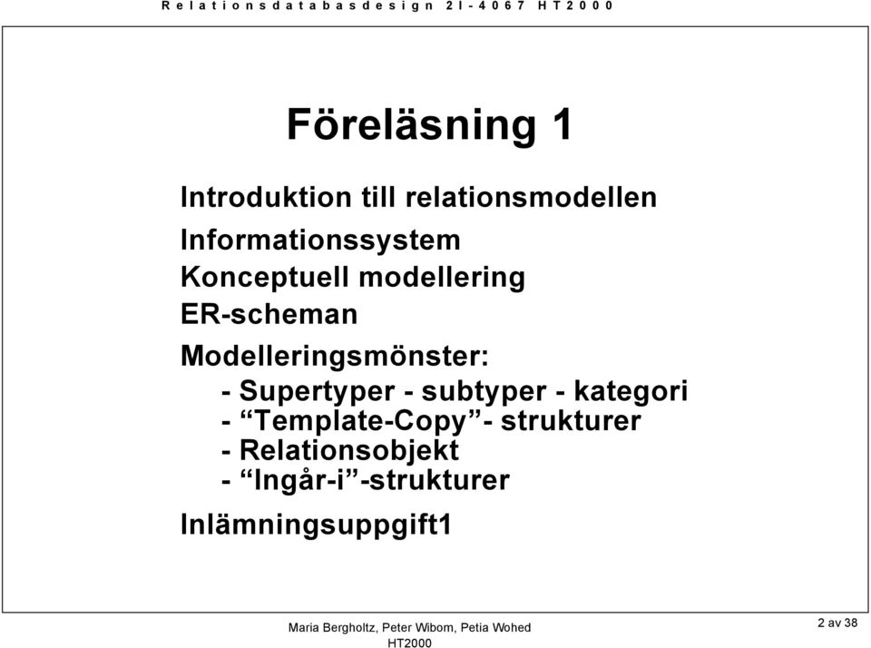 ER-scheman Modelleringsmönster: - Supertyper - subtyper - kategori -