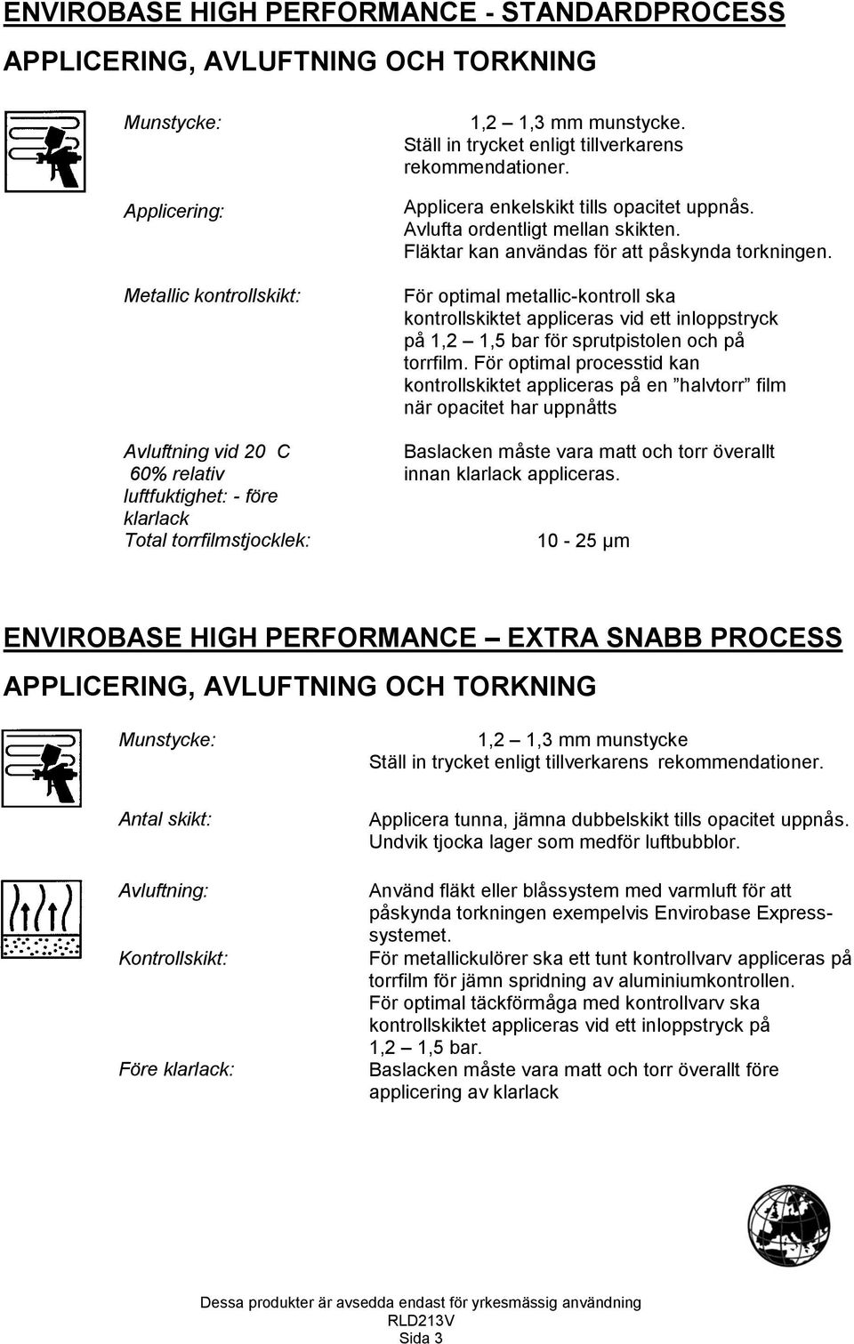 För optimal metallic-kontroll ska kontrollskiktet appliceras vid ett inloppstryck på 1,2 1,5 bar för sprutpistolen och på torrfilm.