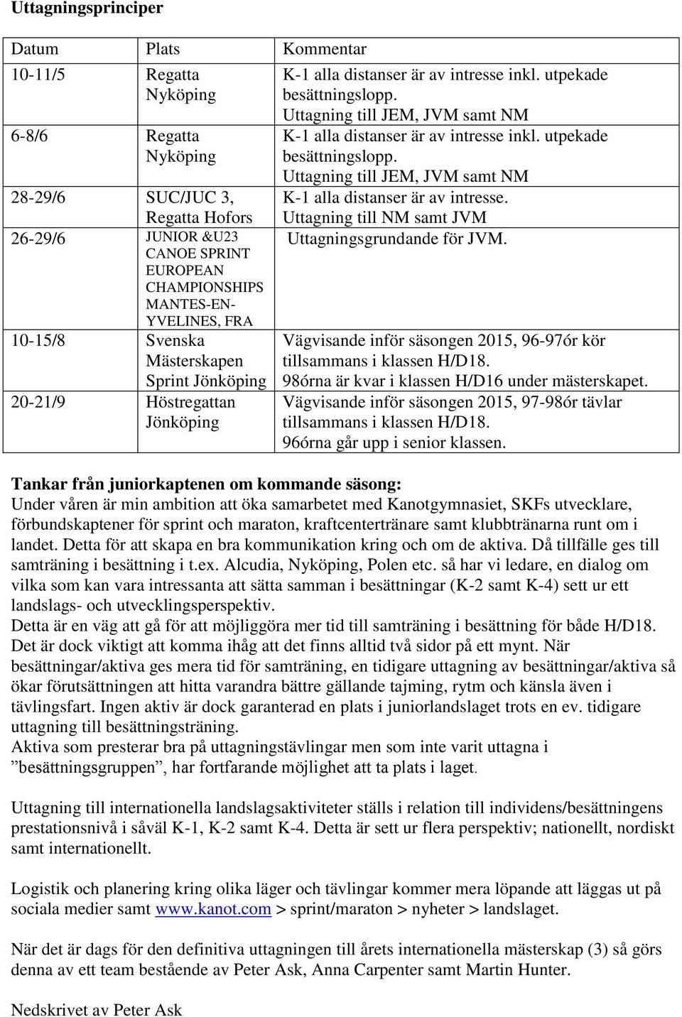 Uttagning till JEM, JVM samt NM K-1 alla distanser är av intresse inkl. utpekade besättningslopp. Uttagning till JEM, JVM samt NM K-1 alla distanser är av intresse.