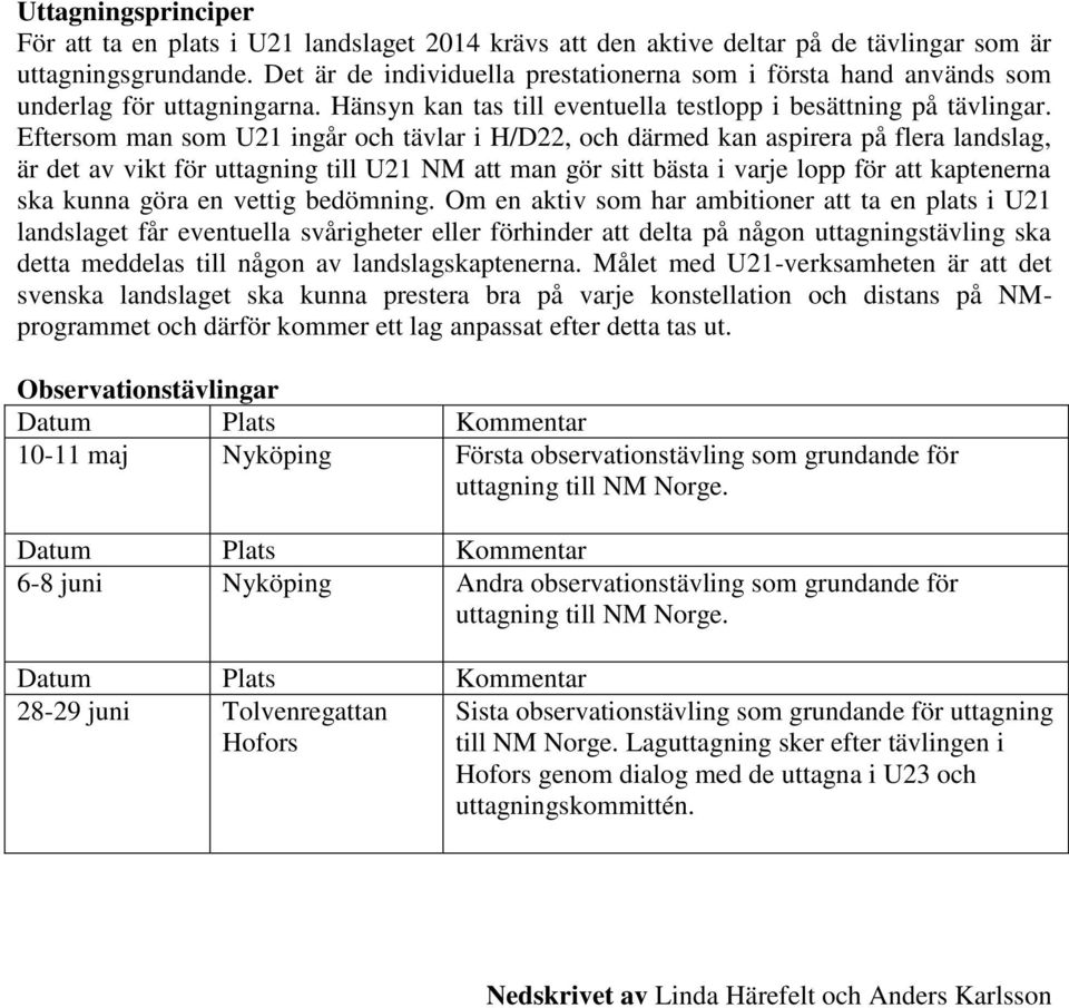 Eftersom man som U21 ingår och tävlar i H/D22, och därmed kan aspirera på flera landslag, är det av vikt för uttagning till U21 NM att man gör sitt bästa i varje lopp för att kaptenerna ska kunna