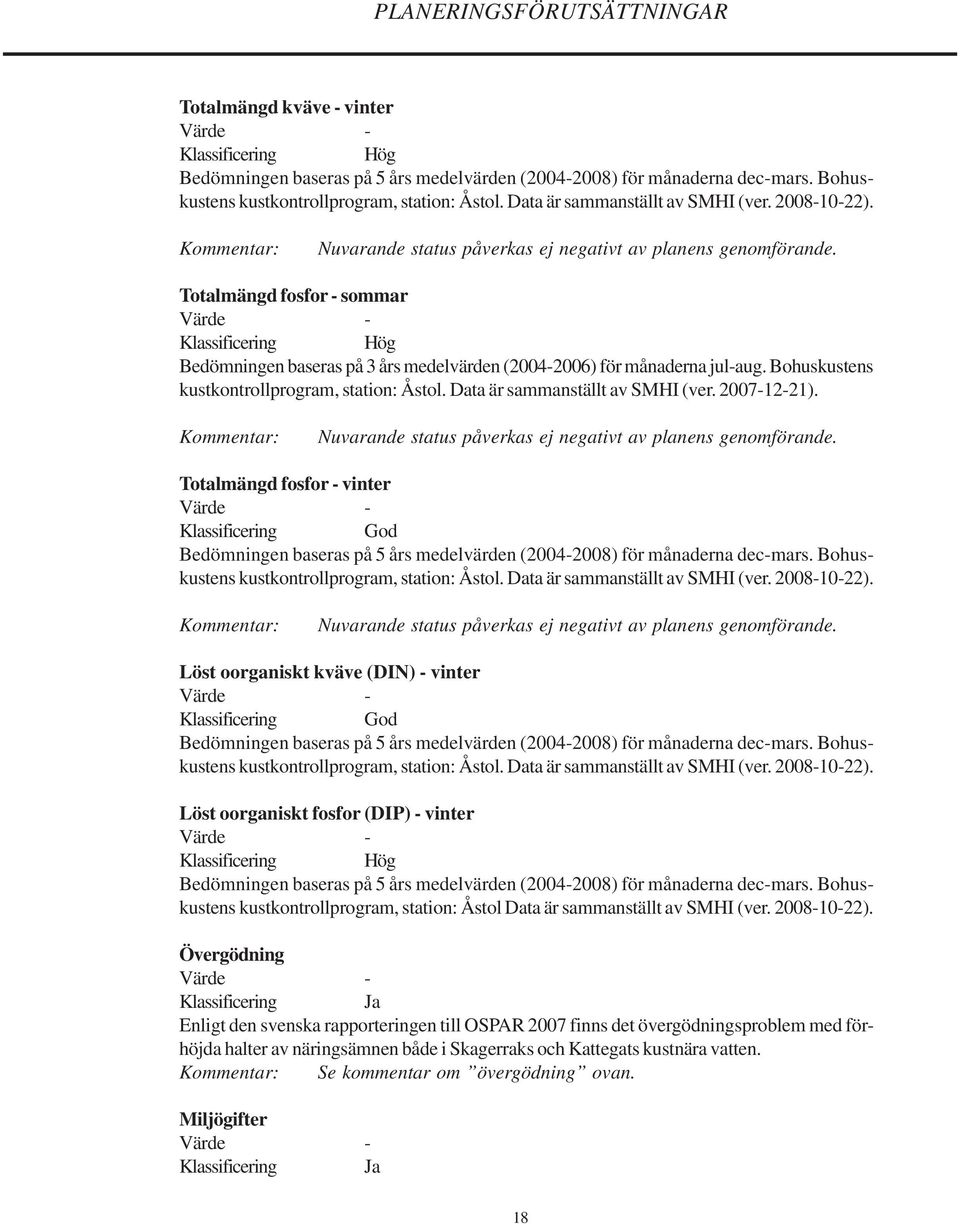 Totalmängd fosfor - sommar Värde - Klassificering Hög Bedömningen baseras på 3 års medelvärden (2004-2006) för månaderna jul-aug. Bohuskustens kustkontrollprogram, station: Åstol.