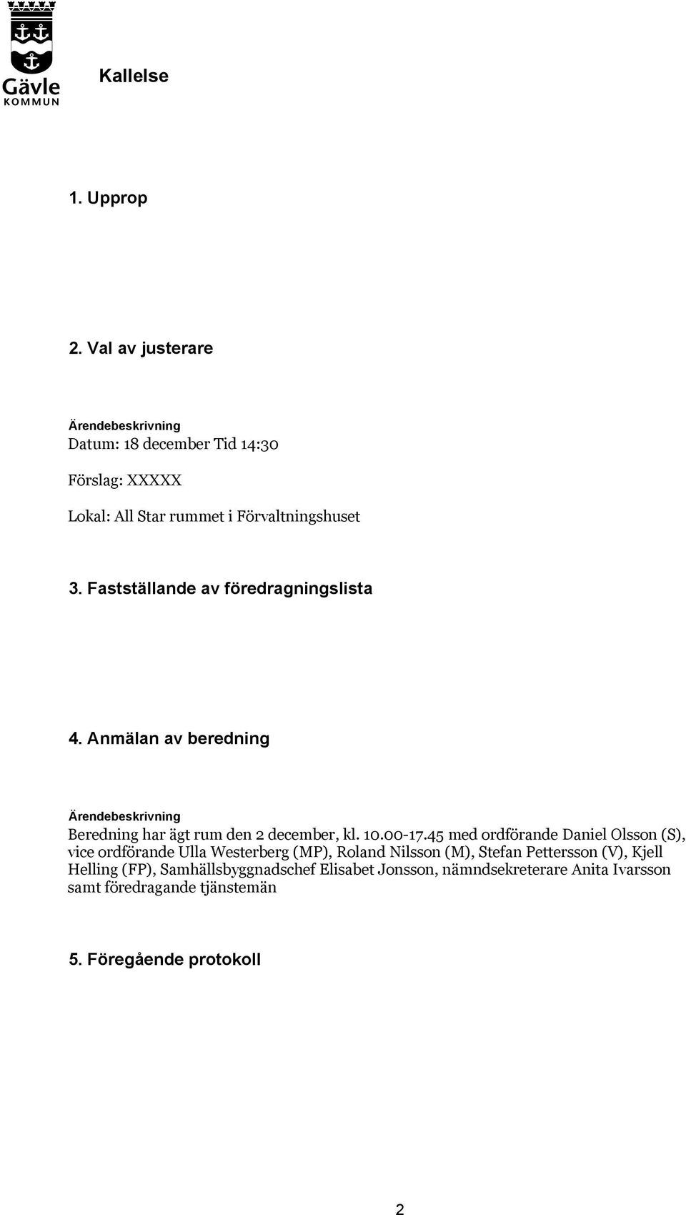 45 med ordförande Daniel Olsson (S), vice ordförande Ulla Westerberg (MP), Roland Nilsson (M), Stefan Pettersson (V), Kjell