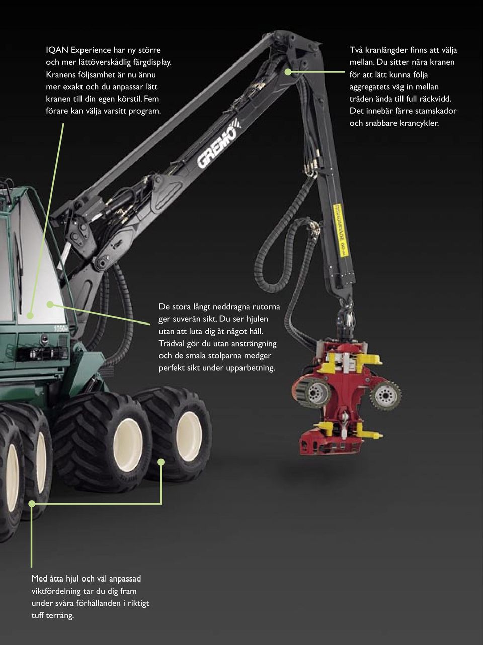 Du sitter nära kranen för att lätt kunna följa aggregatets väg in mellan träden ända till full räckvidd. Det innebär färre stamskador och snabbare krancykler.