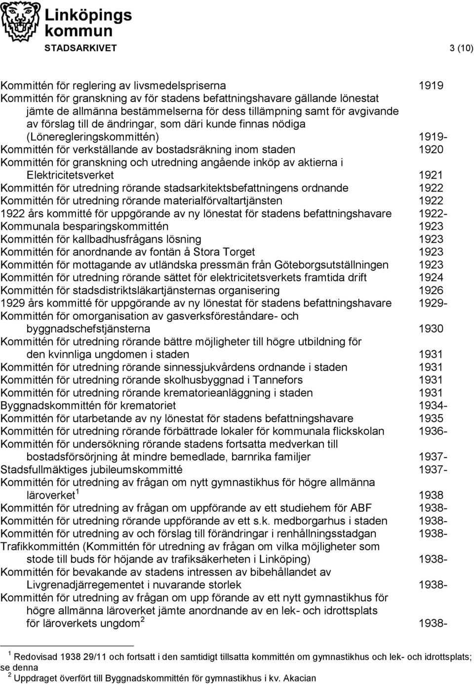 granskning och utredning angående inköp av aktierna i Elektricitetsverket 1921 Kommittén för utredning rörande stadsarkitektsbefattningens ordnande 1922 Kommittén för utredning rörande