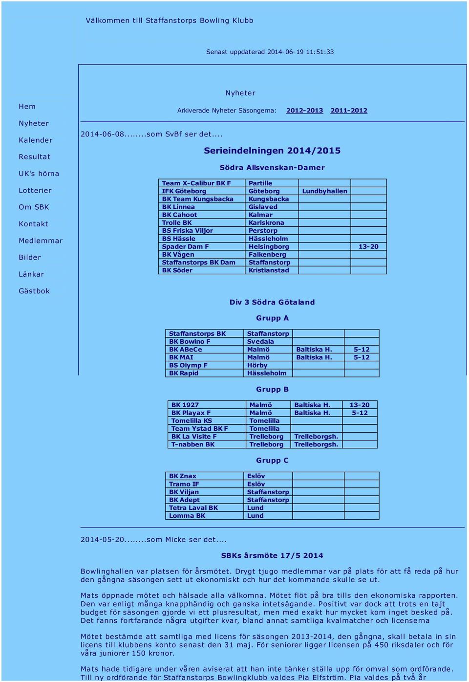 .. Nyheter Arkiverade Nyheter Säsongerna: 2012-2013 2011-2012 Serieindelningen 2014/2015 Södra Allsvenskan-Damer Team X-Calibur BK F Partille IFK Göteborg Göteborg Lundbyhallen BK Team Kungsbacka