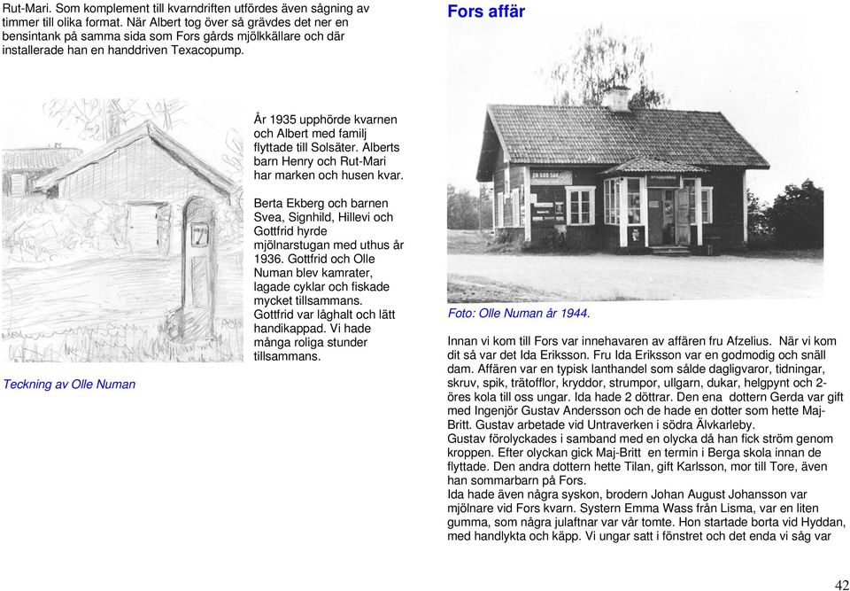 Fors affär Teckning av Olle Numan År 1935 upphörde kvarnen och Albert med familj flyttade till Solsäter. Alberts barn Henry och Rut-Mari har marken och husen kvar.