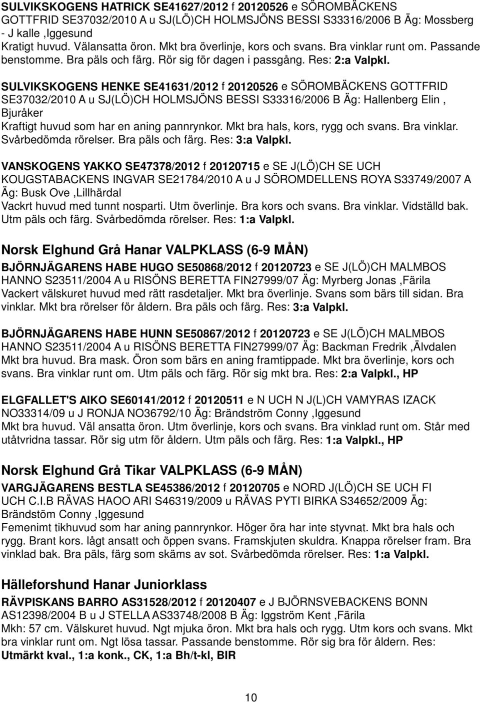 SULVIKSKOGENS HENKE SE41631/2012 f 20120526 e SÖROMBÄCKENS GOTTFRID SE37032/2010 A u SJ(LÖ)CH HOLMSJÖNS BESSI S33316/2006 B Äg: Hallenberg Elin, Bjuråker Kraftigt huvud som har en aning pannrynkor.