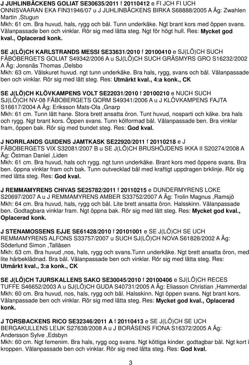 SE J(LÖ)CH KARLSTRANDS MESSI SE33631/2010 f 20100410 e SJ(LÖ)CH SUCH FÄBOBERGETS GOLIAT S49342/2006 A u SJ(LÖ)CH SUCH GRÄSMYRS GRO S16232/2002 A Äg: Jonsnäs Thomas,Delsbo Mkh: 63 cm. Välskuret huvud.