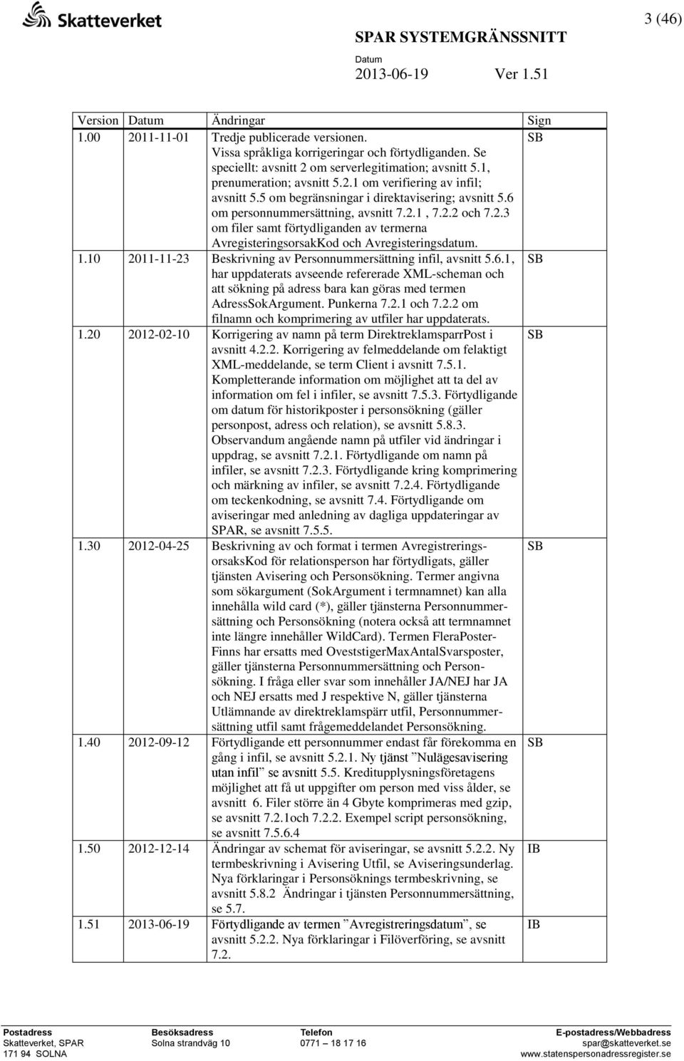 1.10 2011-11-23 Beskrivning av Personnummersättning infil, avsnitt 5.6.1, SB har uppdaterats avseende refererade XML-scheman och att sökning på adress bara kan göras med termen AdressSokArgument.