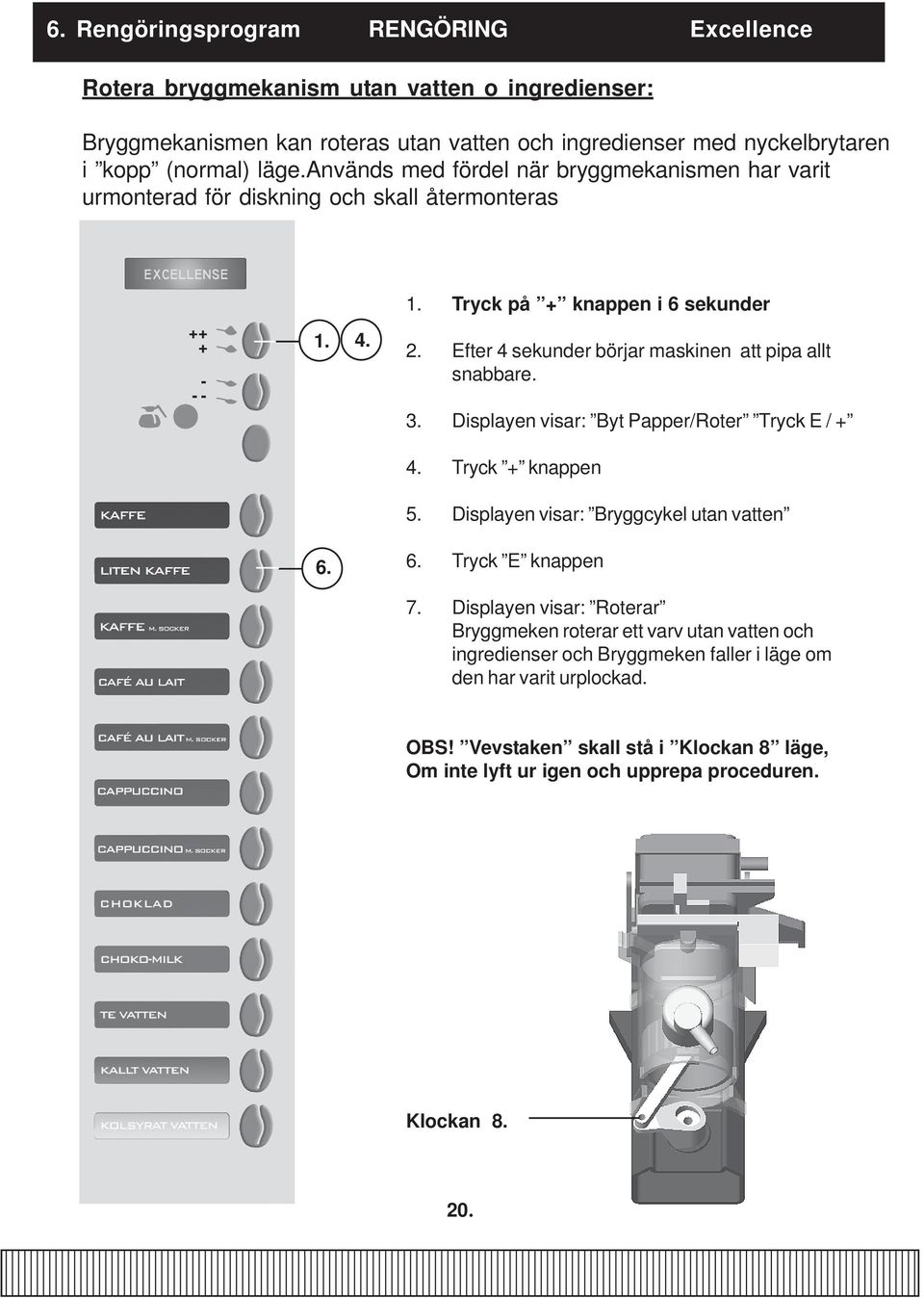 Efter 4 sekunder börjar maskinen att pipa allt snabbare. 3. Displayen visar: Byt Papper/Roter Tryck E / + 4. Tryck + knappen 5. Displayen visar: Bryggcykel utan vatten 6. 6. Tryck E knappen 7.